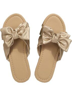 Women's Champagne Gold Bow Knot Slip On Flat Open Toe Slides Beach Slippers